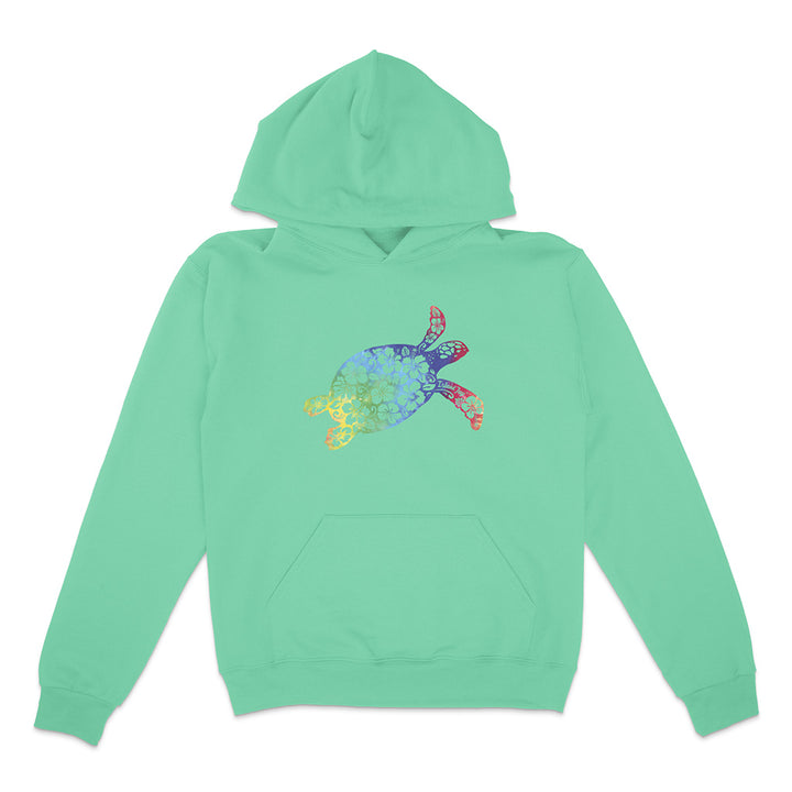 Mint green hoodie with a colorful turtle design on a white background