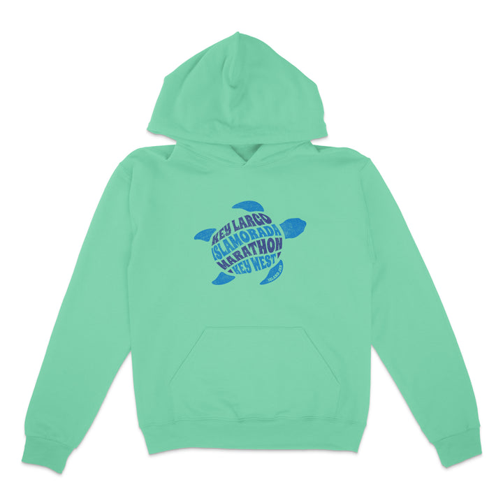 Mint green hoodie with blue turtle graphic and text on a white background