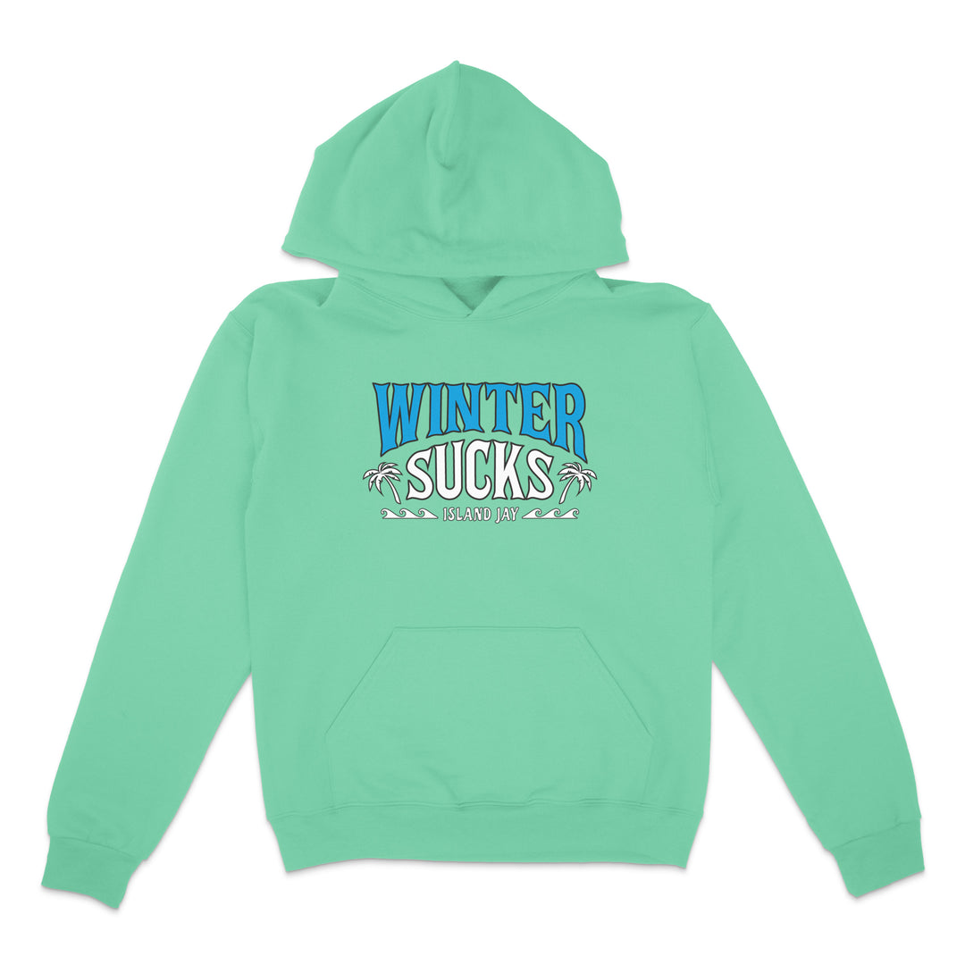 Mint green hoodie with 'Winter Sucks' text on a white background