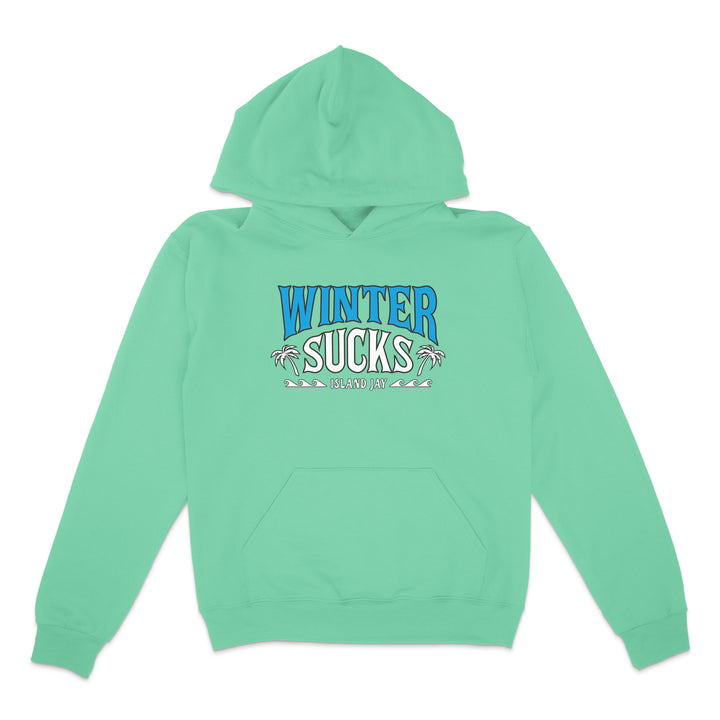 Mint green hoodie with 'Winter Sucks' text on a white background