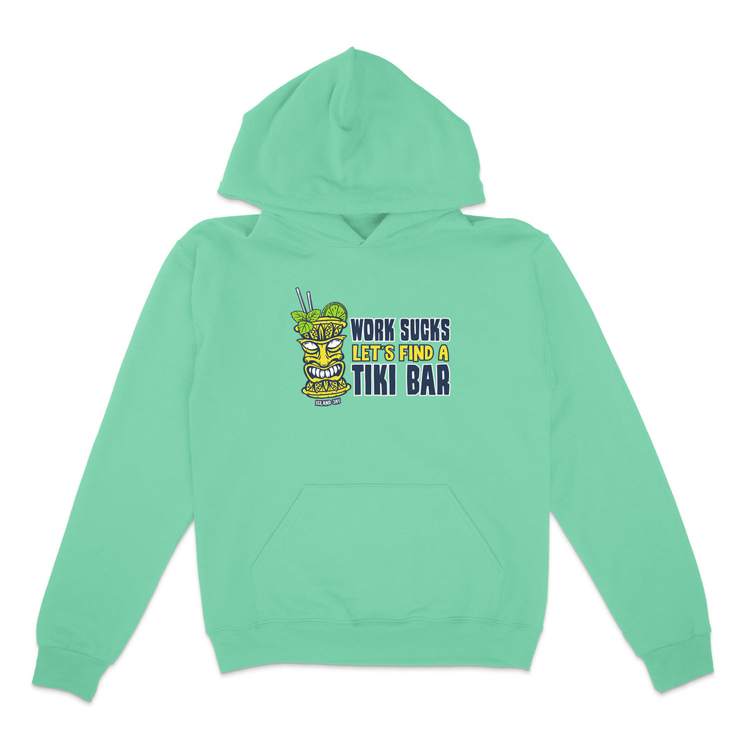 Mint green hoodie with a tiki bar graphic and text on a white background