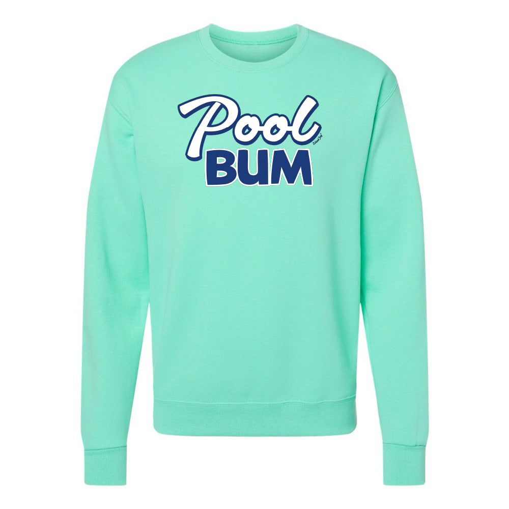 Mint green sweatshirt with 'Pool Bum' text on a white background