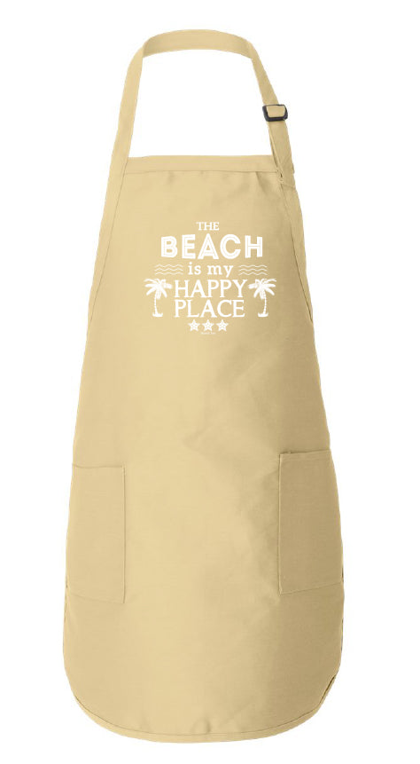 Beige apron with 'The Beach is my Happy Place' text on a white background