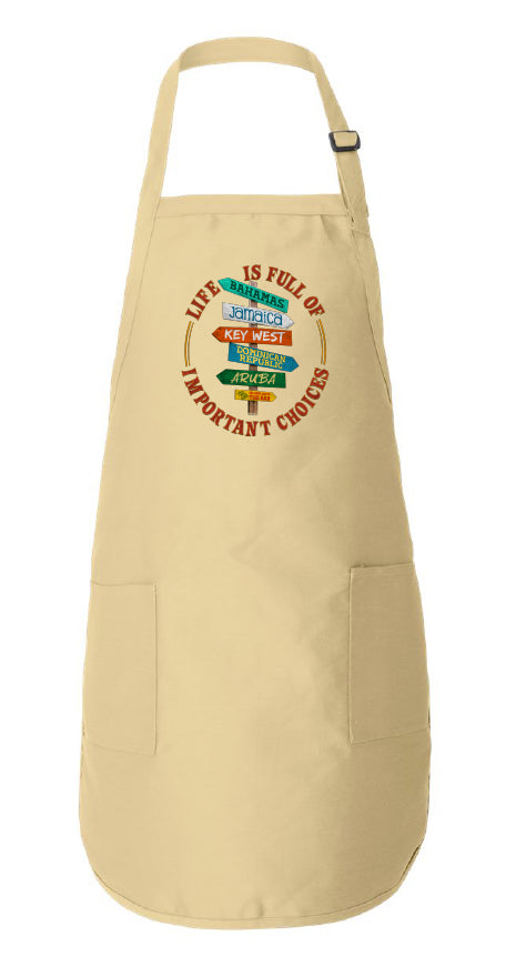 Beige apron with a colorful graphic and text on a white background