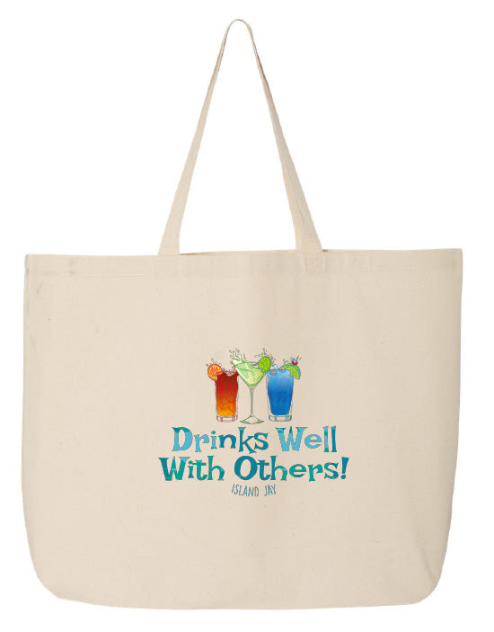 Beige tote bag with colorful drink graphics and text 'Drinks Well With Others!'