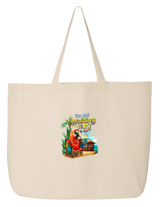 Beige tote bag with a colorful design featuring a parrot and text on a white background