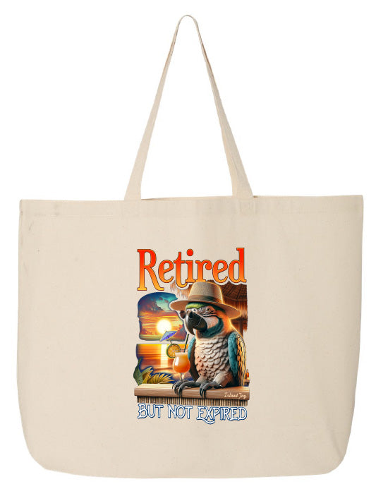 Beige tote bag with a parrot graphic and 'Retired but not expired' text on a white background