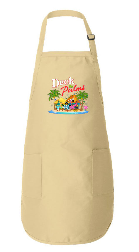 Beige apron with 'Duck Palms' logo on a white background
