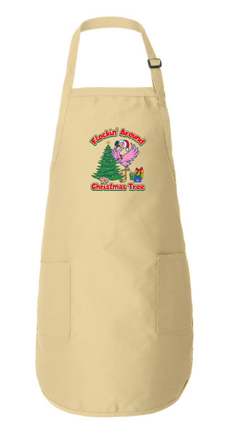 Beige apron with a Christmas-themed design on a white background