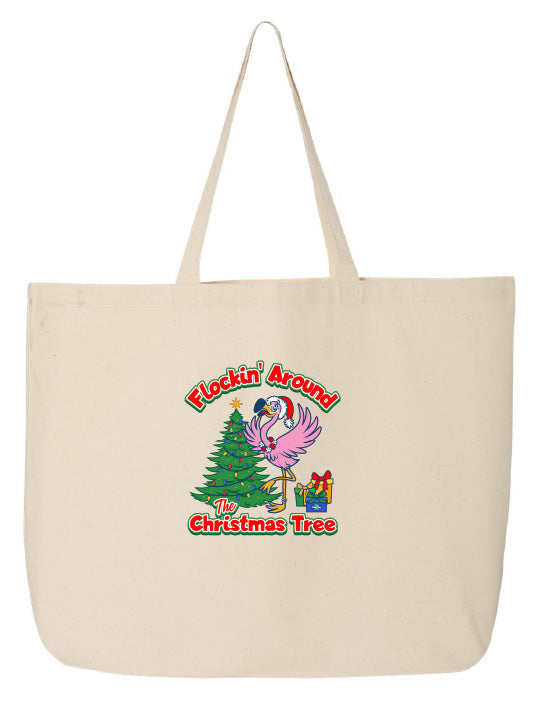 Beige tote bag with Christmas-themed design featuring a flamingo and tree.