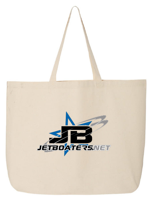 Beige tote bag with JetBoaters.net logo on a white background