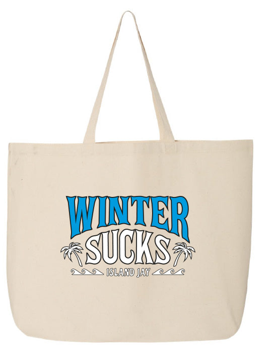 Beige tote bag with 'Winter Sucks' text and palm tree graphics on a white background