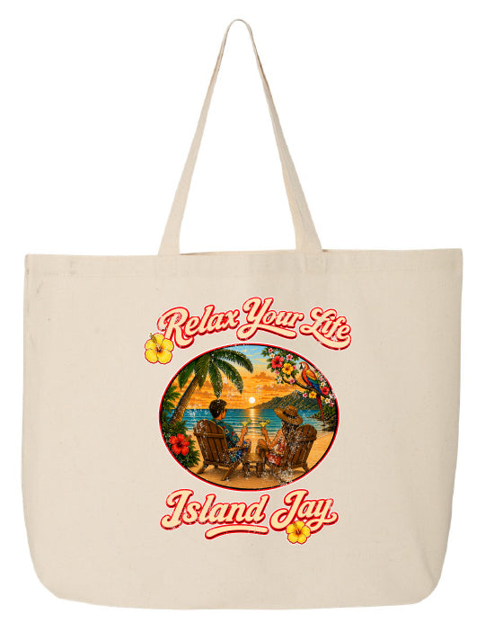Beige tote bag with 'Relax Your Life Island Jay' design featuring a tropical scene.