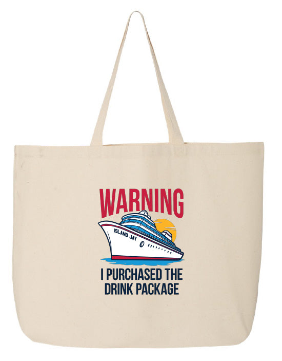 Beige tote bag with a cruise ship graphic and text on a white background