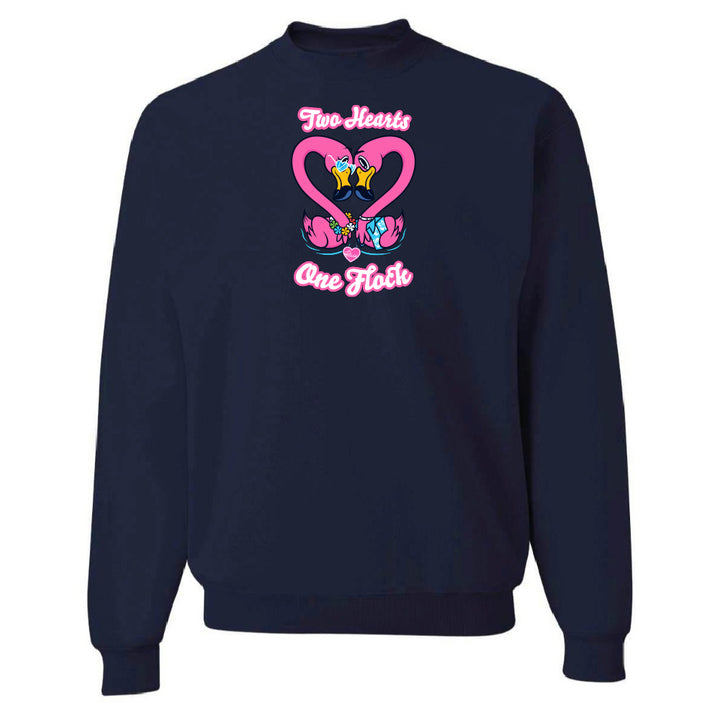 Navy blue sweatshirt with pink heart design and text on a white background