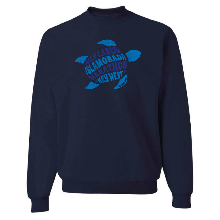 Navy blue sweatshirt with blue turtle graphic and text on a white background