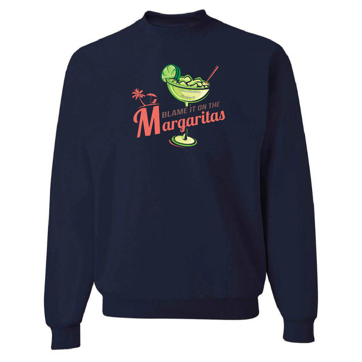 Navy blue sweatshirt with a margarita graphic and text on a white background