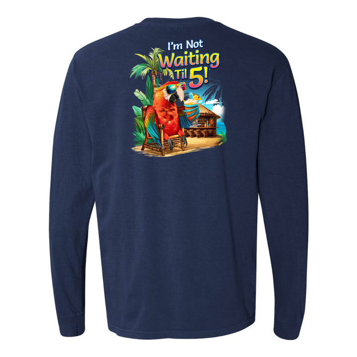 Navy blue long-sleeve shirt with a colorful parrot graphic and text on the back, on a white background.