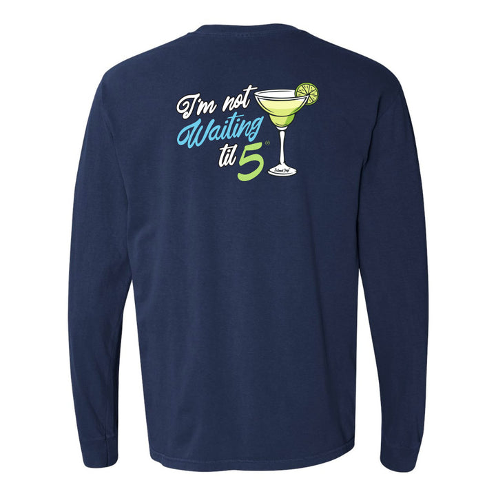 Navy long-sleeve shirt with a cocktail graphic and text on the back against a white background