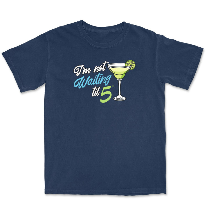Navy blue t-shirt with a cocktail graphic and text on a white background
