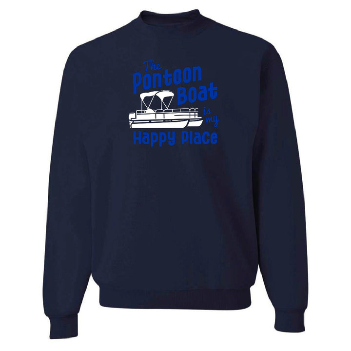 Navy blue sweatshirt with a graphic of a pontoon boat and text on a white background
