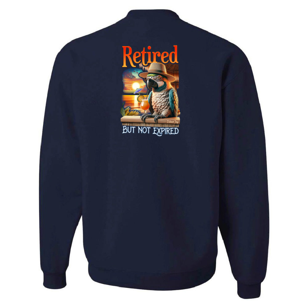 Navy blue sweatshirt with a parrot graphic and text on the back, on a white background