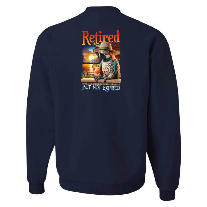 Navy blue sweatshirt with a parrot graphic and text on the back, on a white background