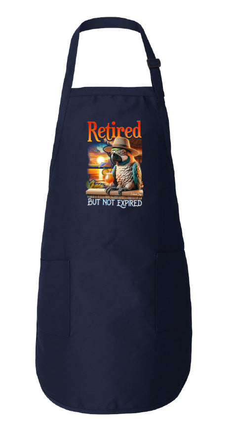 Navy apron with a graphic design and text on a white background