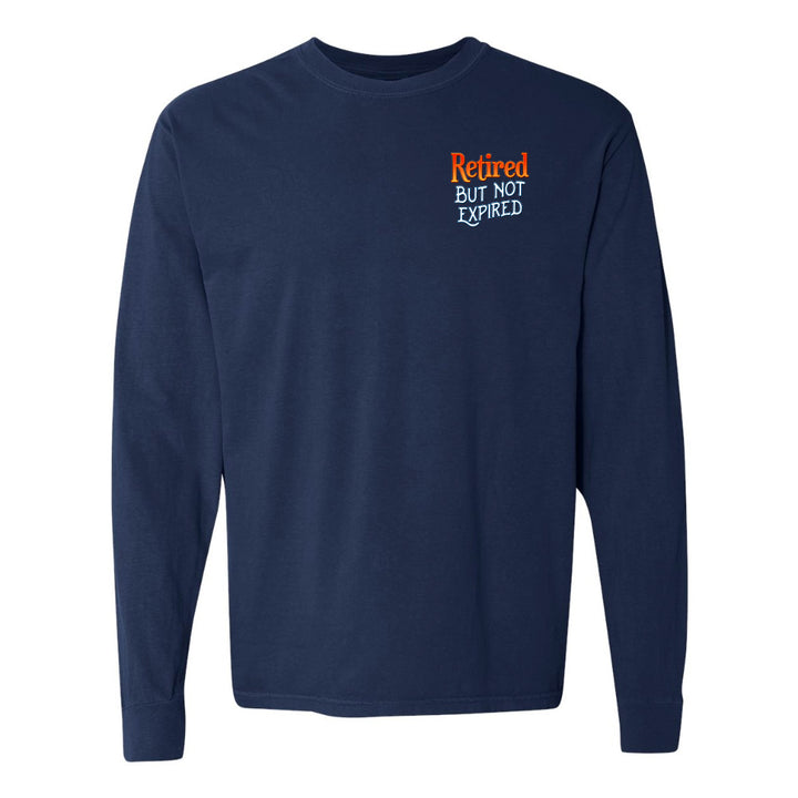 Navy blue long-sleeve shirt with 'Retired But Not Expired' text on a white background