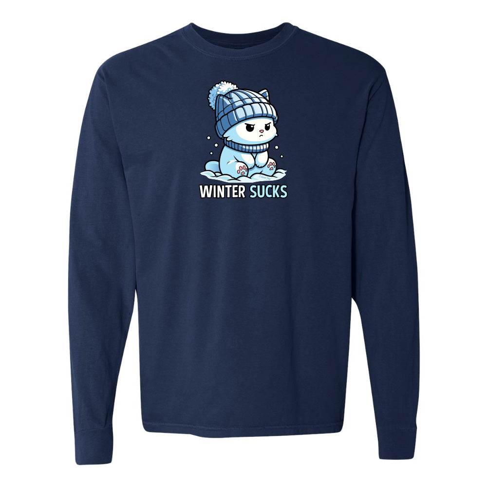 Navy blue long-sleeve shirt with a cartoon character and 'Winter Sucks' text on a white background