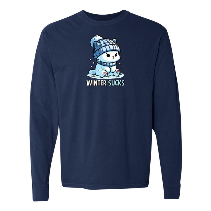 Navy blue long-sleeve shirt with a cartoon character and 'Winter Sucks' text on a white background