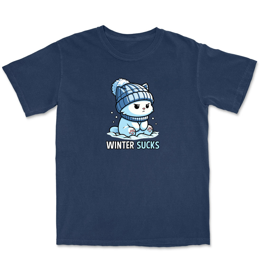 Navy blue t-shirt with a cartoon character wearing a winter hat and scarf, and the text 'Winter Sucks' on a white background.