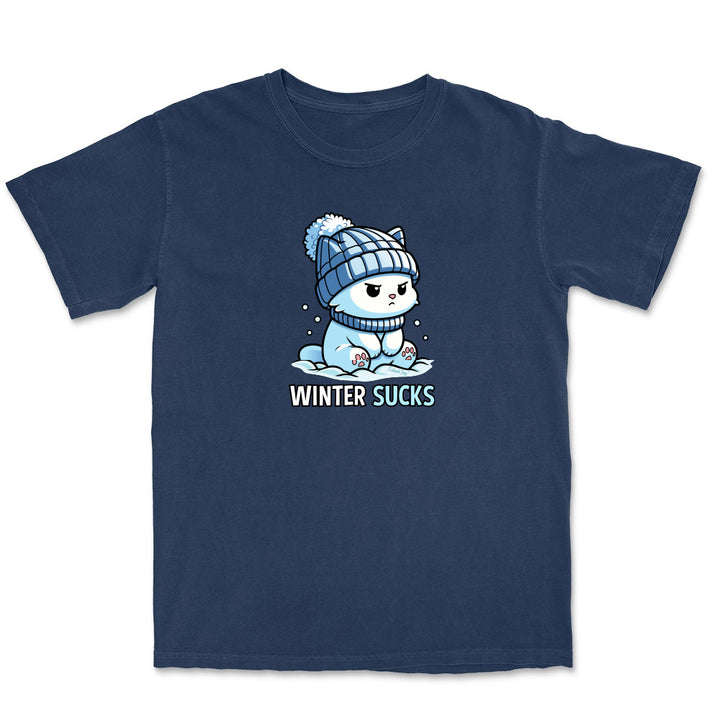 Navy blue t-shirt with a cartoon character wearing a winter hat and scarf, and the text 'Winter Sucks' on a white background.