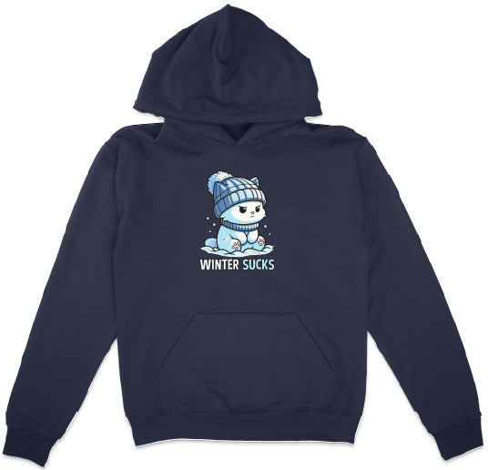 Navy blue hoodie with a graphic of a bear wearing a winter hat and scarf, and the text 'Winter Sucks'.