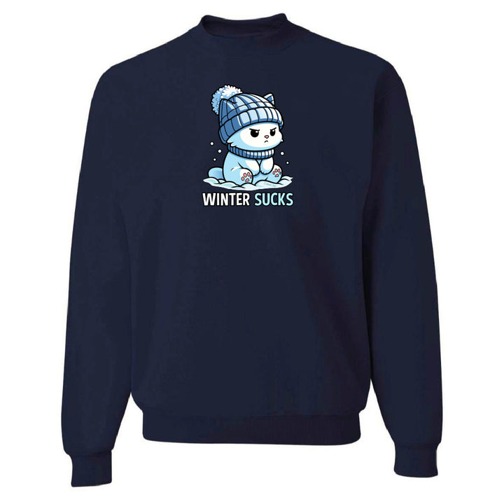Navy blue sweatshirt with cartoon character and 'Winter Sucks' text on a white background