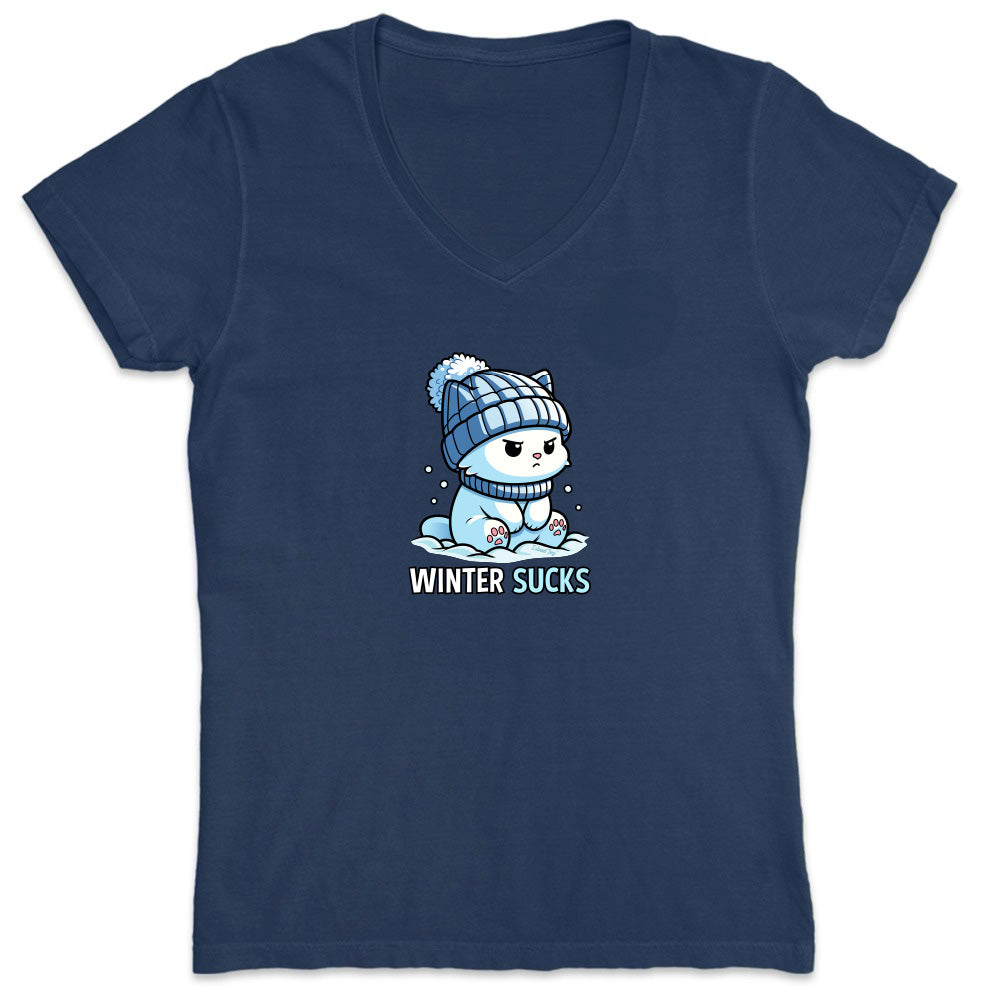 Navy blue t-shirt with a cartoon penguin wearing a winter hat and scarf, and the text 'Winter Sucks' on a white background.