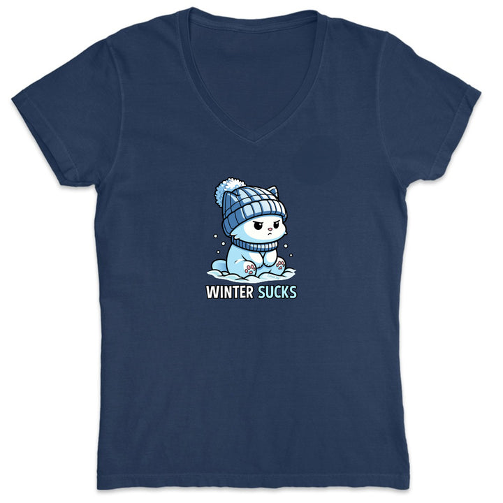 Navy blue t-shirt with a cartoon penguin wearing a winter hat and scarf, and the text 'Winter Sucks' on a white background.