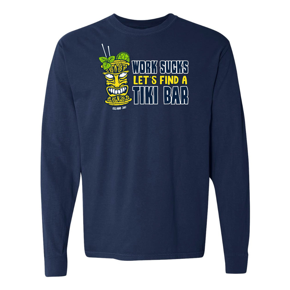 Navy blue long-sleeve shirt with a tiki graphic and text on a white background