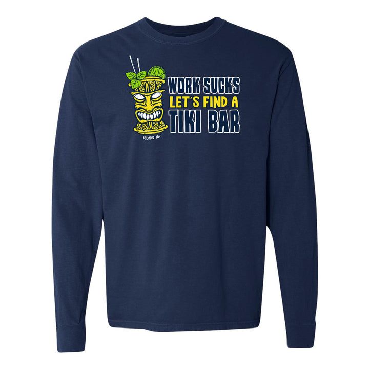 Navy blue long-sleeve shirt with a tiki graphic and text on a white background