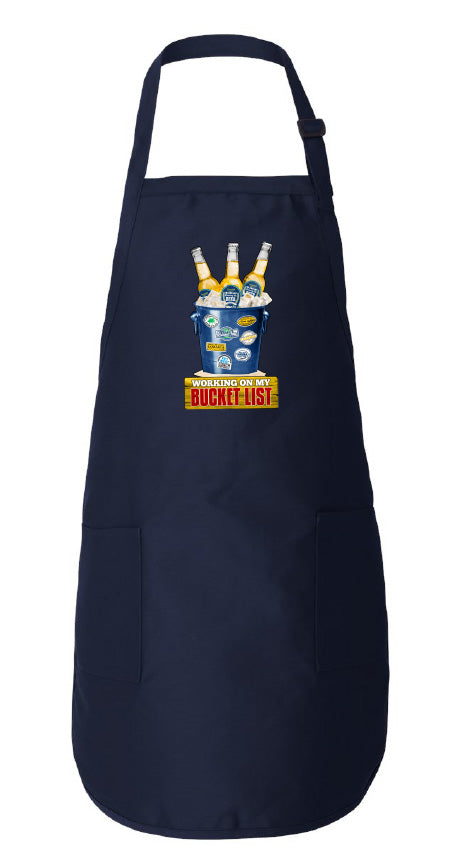Navy apron with a graphic design on a white background