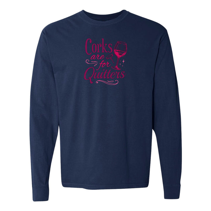 Navy blue long-sleeve shirt with pink text and graphic on a white background