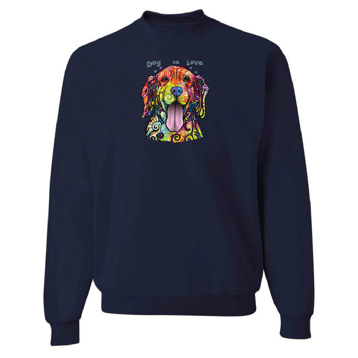 Navy blue sweatshirt with a colorful dog graphic on a white background