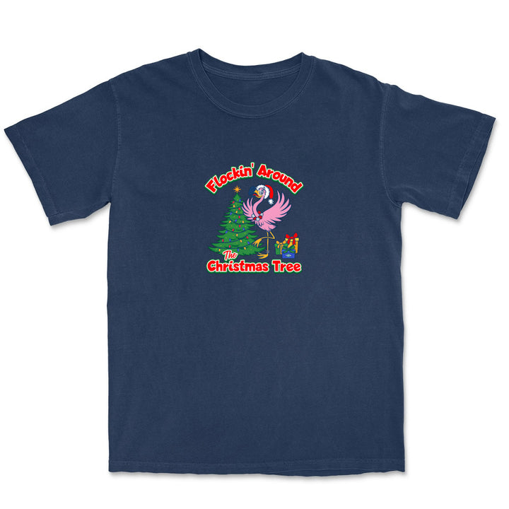 Navy blue t-shirt with a Christmas-themed graphic on a white background