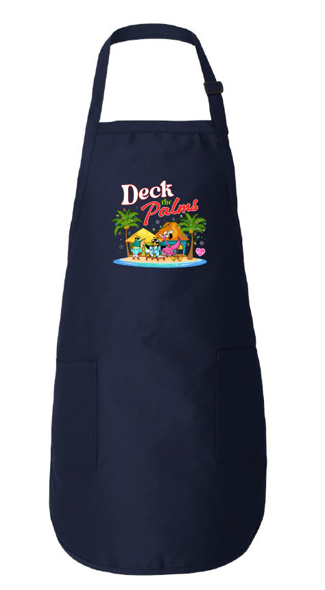Navy apron with colorful graphic design on a white background
