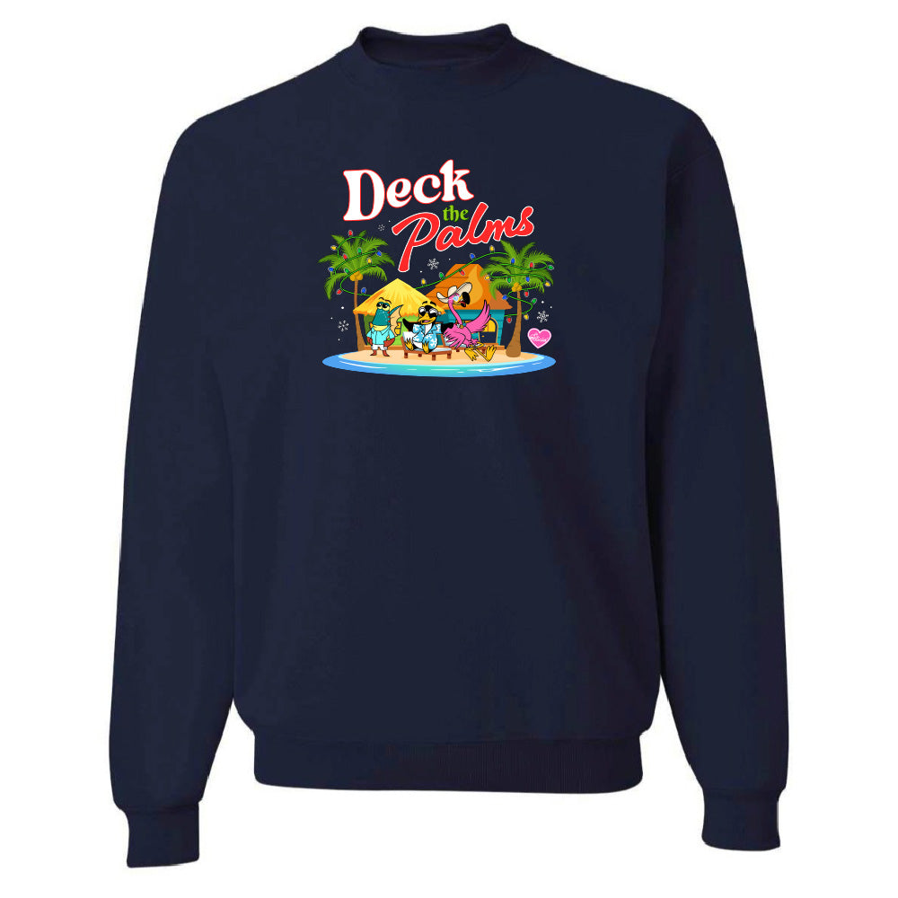 Navy blue sweatshirt with 'Deck the Palms' graphic design on a white background