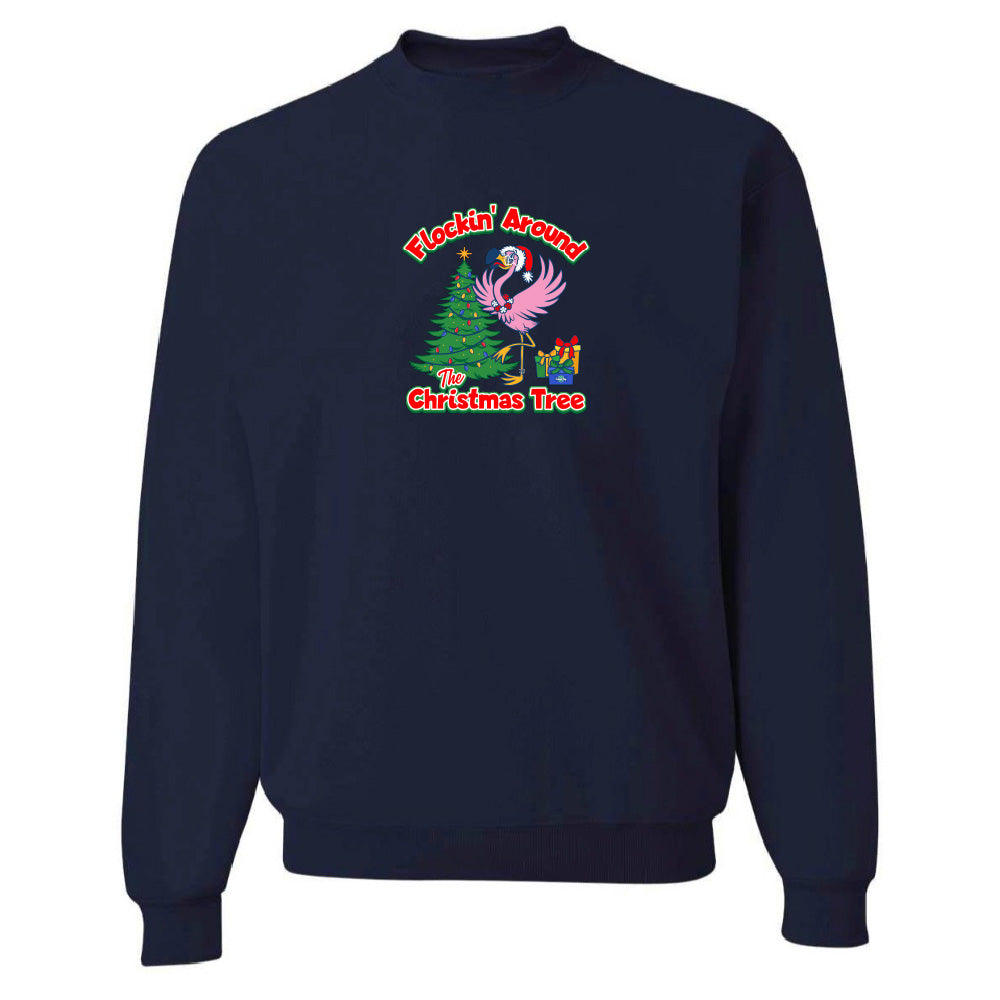 Navy blue sweatshirt with Christmas-themed graphic on a white background