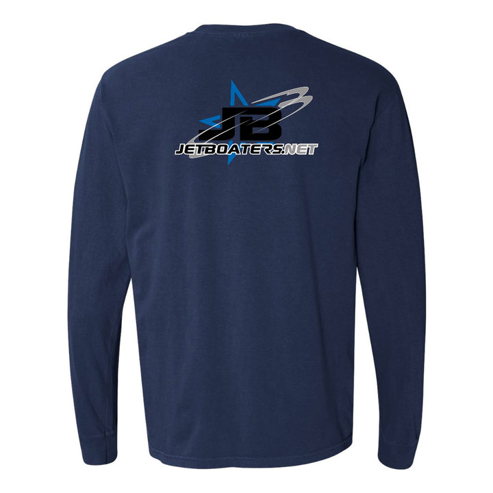 Navy long-sleeve shirt with a logo on the back against a white background