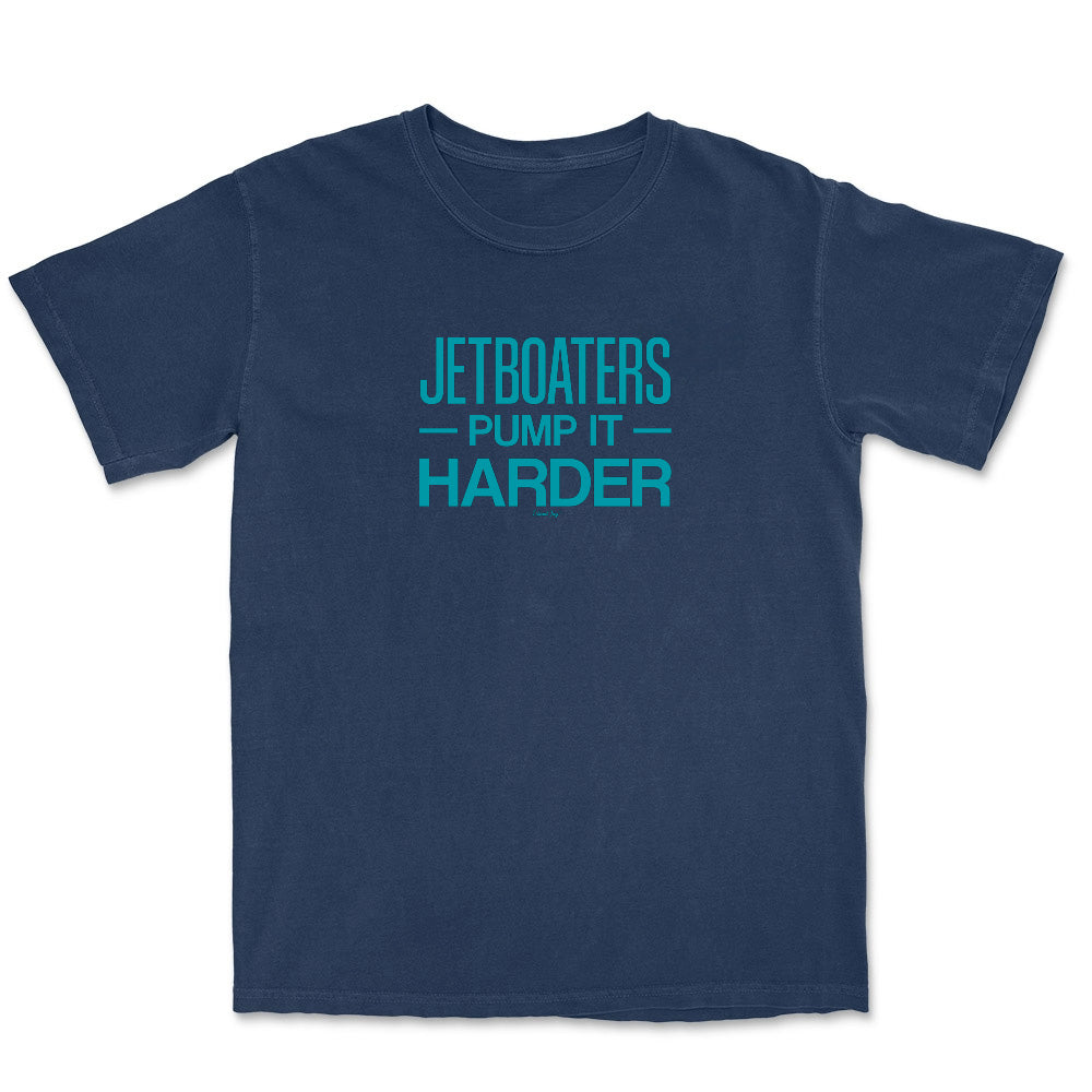 Navy blue t-shirt with teal text on a white background