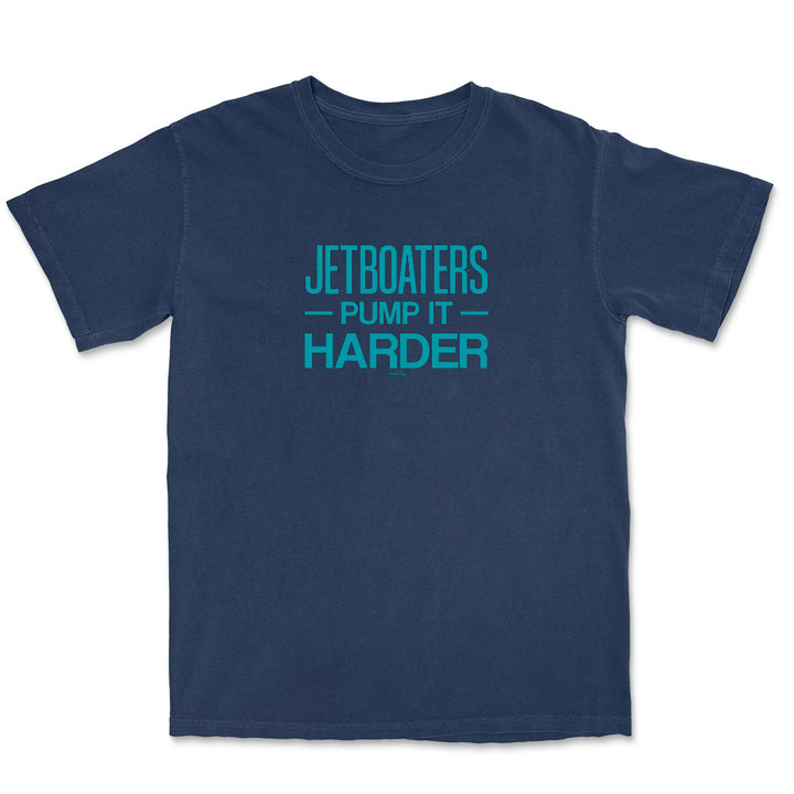 Navy blue t-shirt with teal text on a white background