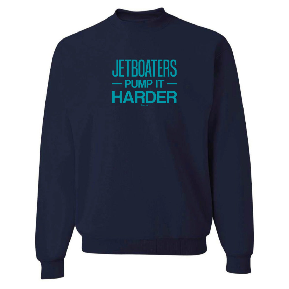 Navy blue sweatshirt with teal text on a white background